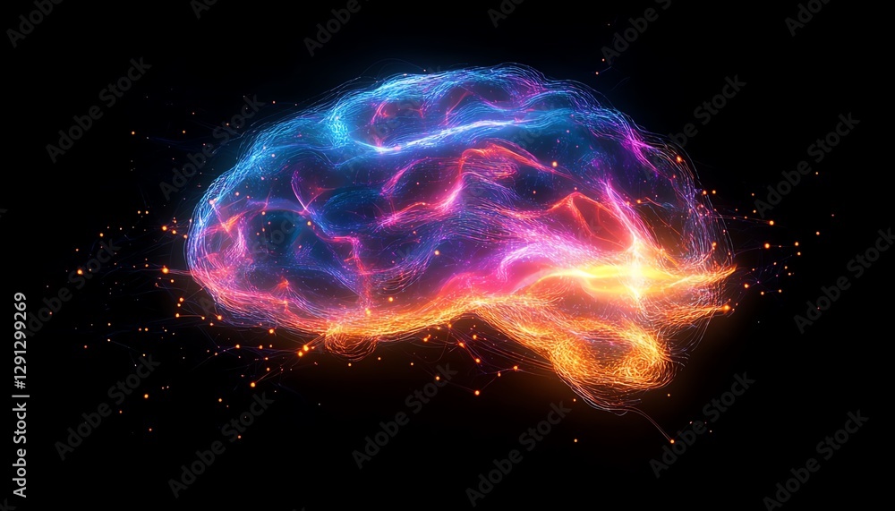 Poster Digital artwork of a glowing brain with neural activity, where network connections appear as bright lines, illustrating intelligence and technology against a dark background