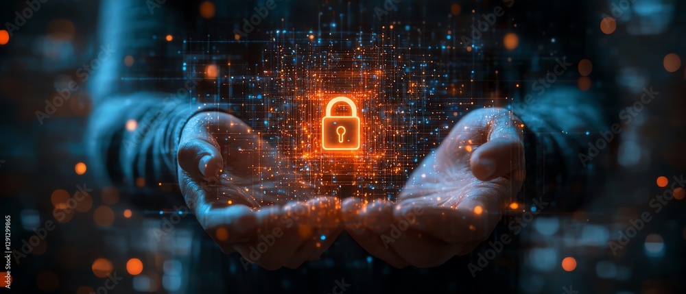 Poster digital concept of a person presenting a glowing lock symbol, illustrating data protection, cybersec