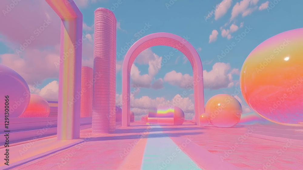 Aufkleber vibrant memphis style 3d composition with abstract geometric shapes and pastel sky