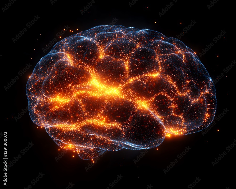 Aufkleber futuristic brain model glowing with neural activity, intricate network connections as bright lines, 