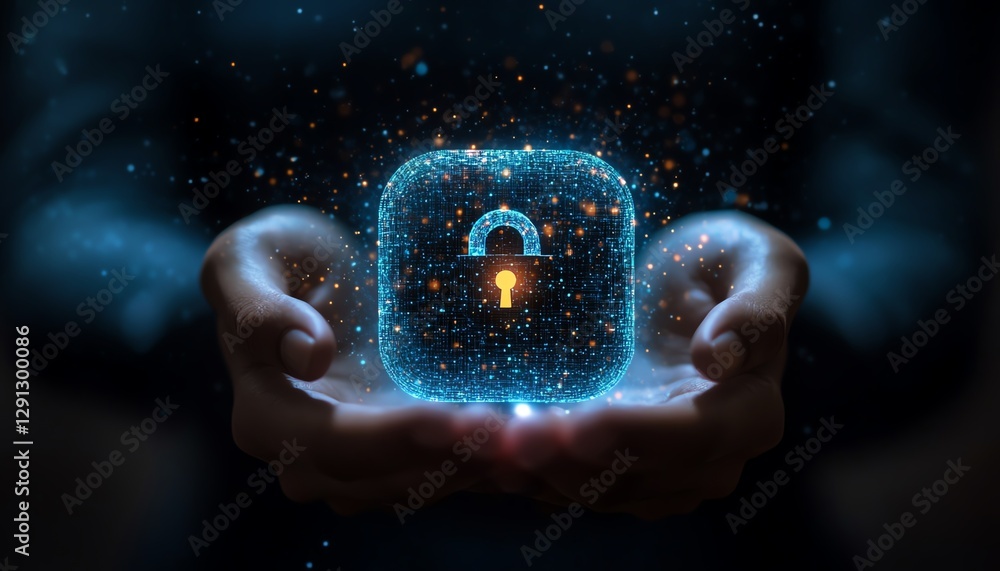 Aufkleber Futuristic digital illustration of a businessperson holding a glowing virtual lock, symbolizing cybersecurity and modern data protection strategies in digital transformation