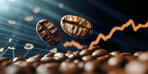 Coffee beans floating over rising stock market graph indicating increasing coffee prices