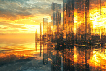Fototapeta premium Futuristic glass cityscape reflecting golden sunset over calm water, creating a surreal, mirrored skyline with warm tones and ethereal atmosphere