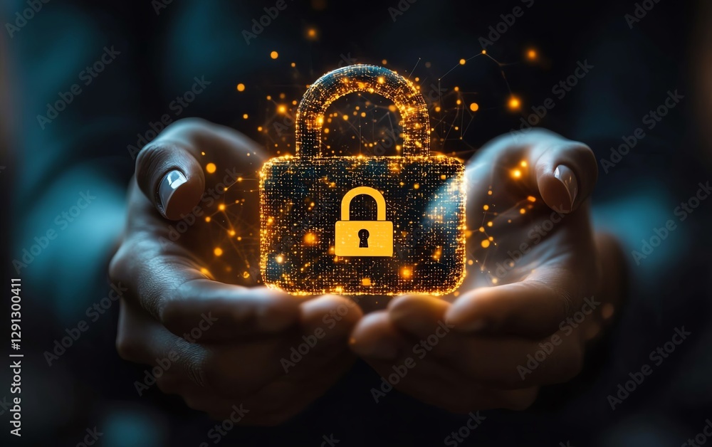 Poster illustration of a businessperson holding a glowing lock icon, symbolizing cybersecurity, with a tech