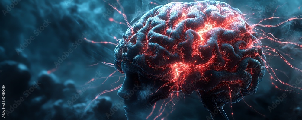 Poster illustration of a glowing brain model with neural activity