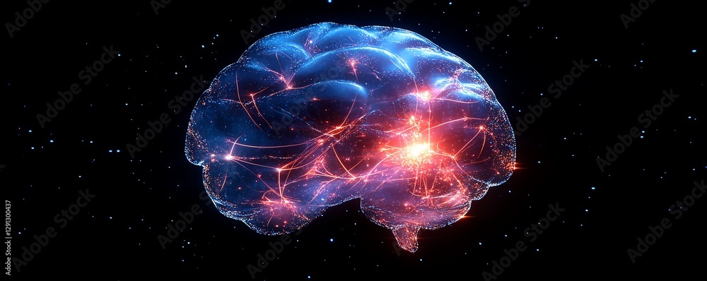 Poster illustration of a glowing brain model with neural activity