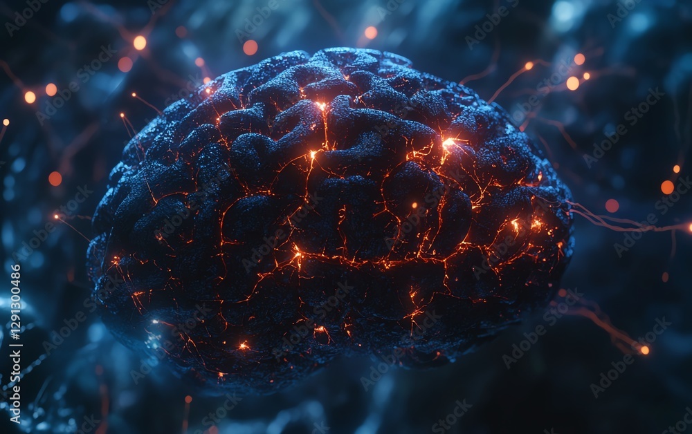 Poster Illustration of a glowing brain model showing neural activity with bright network connections, highlighting intricate structure and tech intelligence on a dark scifi background