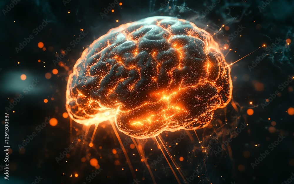 Poster Illustration of a glowing brain model showing neural activity with bright network connections, highlighting intricate structure and tech intelligence on a dark scifi background