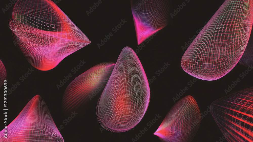 Poster abstract neon geometric wireframe shapes on dark background for modern design