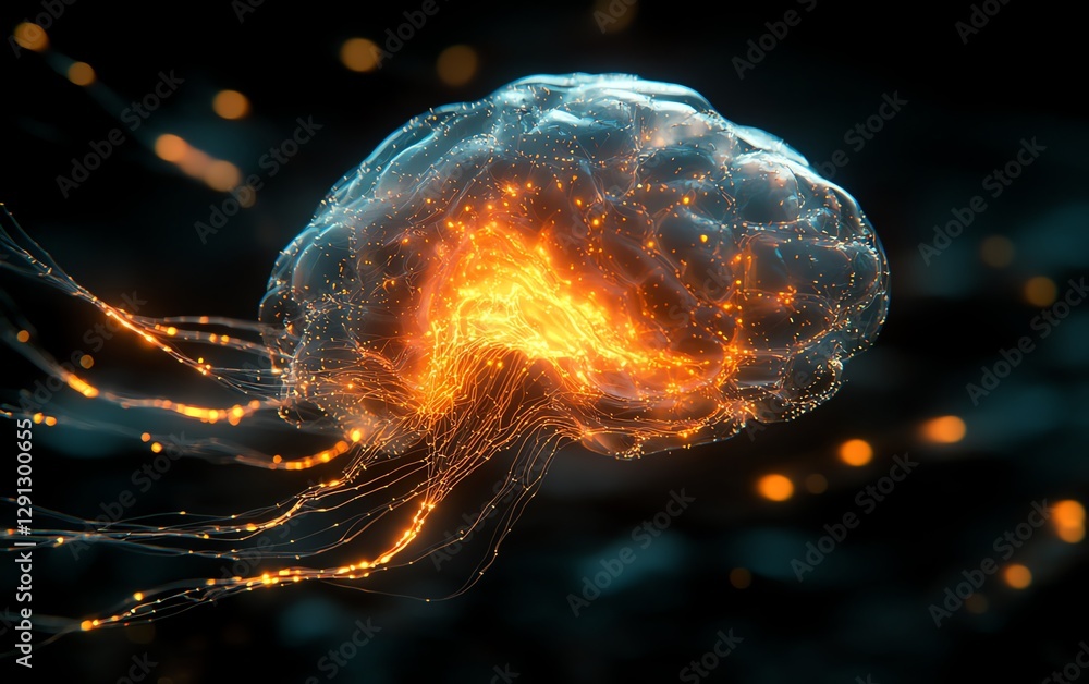 Leinwandbilder Illustration of a glowing brain model showing neural activity with bright network connections, highlighting intricate structure and tech intelligence on a dark scifi background