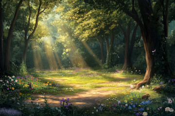 Obraz premium Illustration of a lush forest clearing with dappled sunlight filtering through the trees. The ground is carpeted with wildflowers, and small woodland creatures are scattered throughout, adding life to