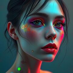Elegant portrait of a woman with hair pulled back, subtle neon face paint dots, and reflective teal highlights on her skin Retrato elegante de una mujer con el cabello recogido