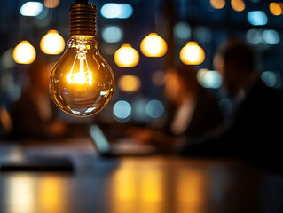 Bright light bulb illuminating meeting room with blurred figures