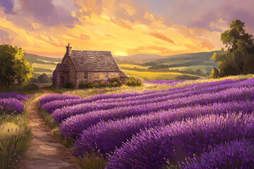 Illustration of a field of blooming lavender stretching to the horizon, with a quaint stone cottage nestled among the fragrant purple flowers. Rolling hills and a golden sunset complete the idyllic