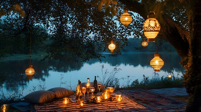 A vibrant lakeside picnic where glowing lanterns hang from radiant trees, and 1950s models sip cocktails in a serene setting