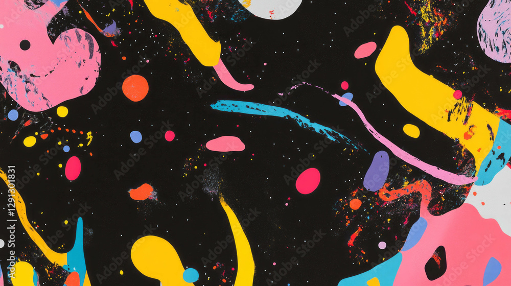Poster vibrant abstract shapes and confetti pattern on dark background for creative design projects