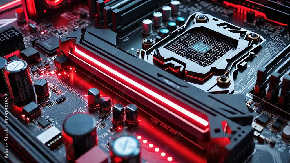 Poster close-up of a high-tech computer motherboard with red led lighting, cpu, and advanced digital compon