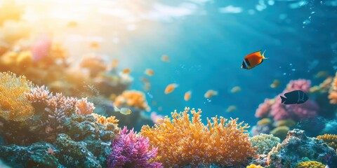 Obraz premium 3d background minimalistic mockup with space for text, colorful coral reef with vibrant marine life swimming through