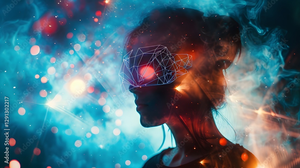 Poster a conceptual portrait with a model wearing a glowing mask, surrounded by radiant mist and abstract g