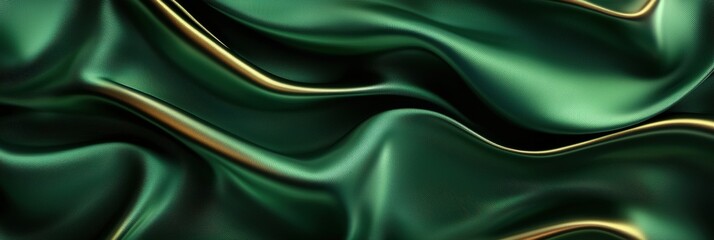 Obraz premium 3d background minimalistic mockup with space for text, luxurious green satin fabric with folds and golden highlights