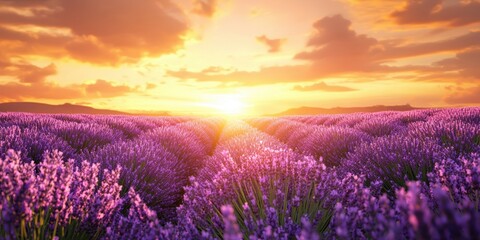 Fototapeta premium 3d background minimalistic mockup with space for text, vibrant lavender field under the golden glow of sunset