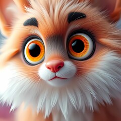 Fototapeta premium Wide‑eyed cartoonish orange kitten with expressive eyebrows and soft fur rendered in high detail on a neutral background / Gatito naranja de estilo caricaturesco con ojos bien abiertos