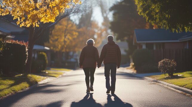 Hypertension patient enjoying a morning walk with a companion. Featuring companionship and wellness