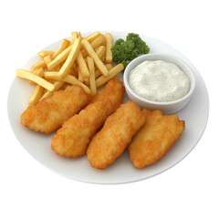 Naklejka premium A 3D rendered plate of golden-battered fish fillets with crispy fries and a side of tartar sauce on a white background