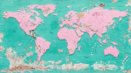 A world map painted in pink and green colors.