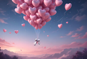 Fototapeta premium Pink Heart Shaped Balloons Ascending Into the Sky Above
