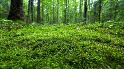 Lush green moss carpet in forest floor. Nature's vibrant carpet. Ideal for nature-themed prints or backgrounds
