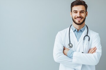 Fototapeta premium Portrait of a confident friendly young male doctor isolated on grey background. Professional image photo with copy space. Celebration of National Doctor’s Day