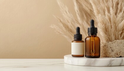 Elegant dropper bottles with a blank label, set against a neutral background and decorative dried plants for a calming aesthetic.