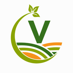 Initial Letter V Agriculture And Farming Logo Combine With Field and Leaf Symbol