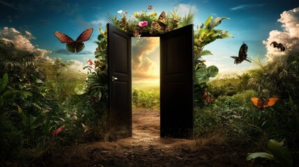 A portal to a hidden world, where butterflies and birds await the journey.