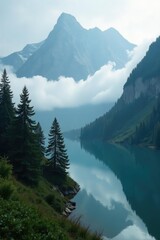 Misty coniferous forest with fog rolling in off a mountain lake, atmospheric, mountains, peaceful