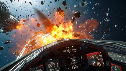 Debris from an explosion damages a space station during a catastrophic event in orbit, Debris damages a space station in space, a space debris-themed with a first-person view