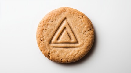 Fototapeta premium Circular cookie with the triangle simple icon on it, isolated on solid white background.