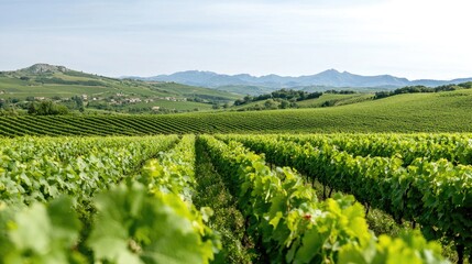 Vineyard rows, hills, sunny day, rural landscape, wine production