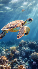 Obraz premium A sea turtle swimming gracefully in the clear blue ocean, surrounded by coral reefs and marine life 