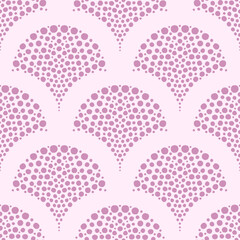 Scallop shape dotted repeat seamless pattern. Monochromatic pink wavy dots in hand drawn endless background. Raster illustration for fabric, packaging, textile, apparel, wallpaper