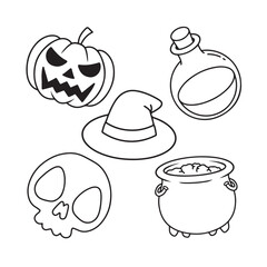 Halloween set. Cauldron, pumpkin, skull, witch hat. Vector illustration