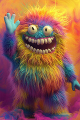 Fototapeta premium A friendly monster covered in soft, fluffy fur, waving with a big toothy grin. The vibrant, playful design makes it look like a character from a children storybook.