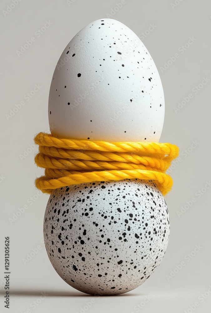 Poster unique arrangement of two eggs one white and one speckled with yellow rope creating a creative and a