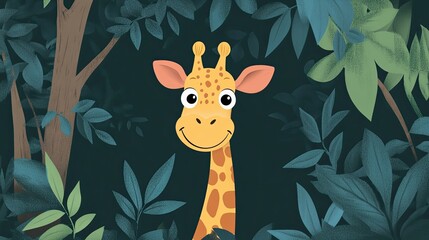 A giraffe peeking from behind a tree, playful and curious, jungle background, simple line drawing for kids