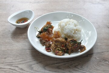 spicy stir fried slice braised beef meat and tendon with basil leaf and chili eat couple plain rice on plate  