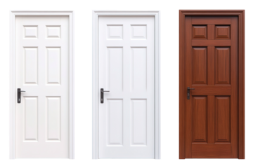 Three doors of different colors are shown side by side. ,on transparent background.
