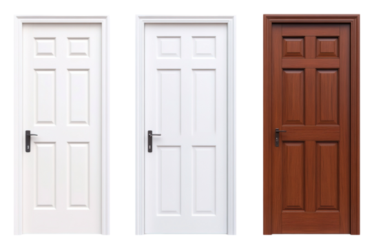 Three doors of different colors are shown side by side. ,on transparent background.