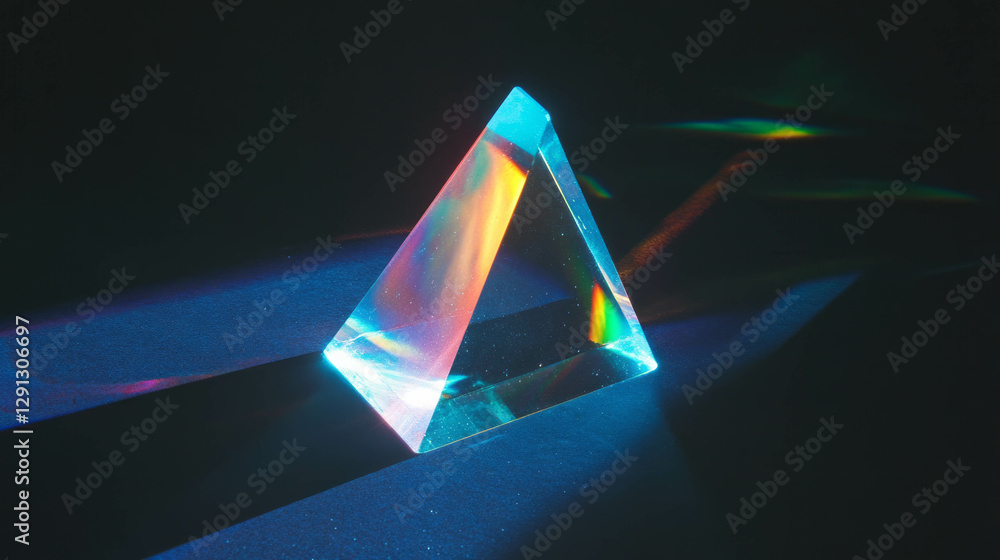 Poster prism light refraction creating spectrum on blue background for creative design