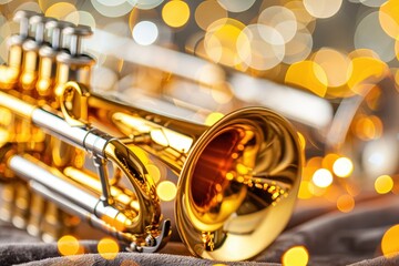 Fototapeta premium A close-up of a shiny brass trumpet, adorned with warm bokeh lights, evoking a festive and musical atmosphere.
